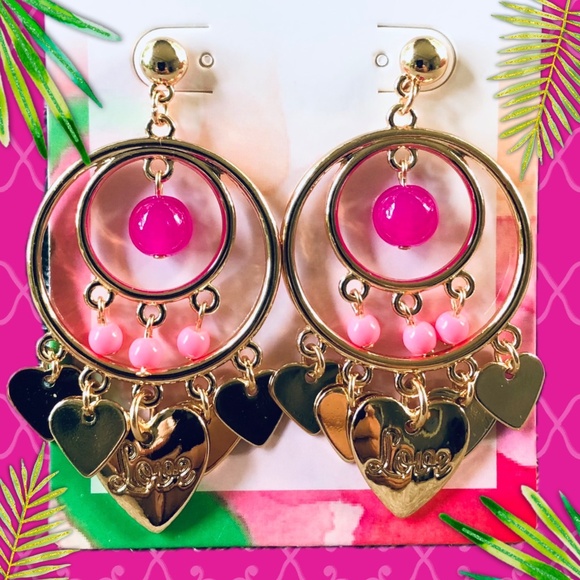 LILLY PULITZER EARRINGS NWT 🩷 Paradise Pink LOVE HEART CHARM Dangling POST - Picture 5 of 11